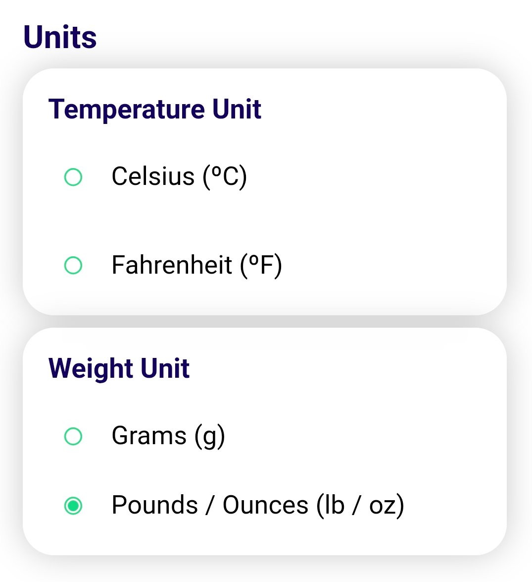 Selector de unidades de temperatura y peso